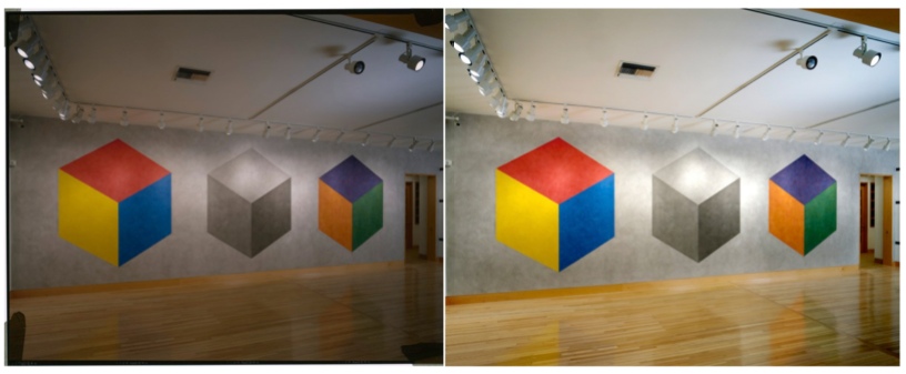Wall Drawing #795 at Fraenkel Gallery, San Francisco, 1998. Photo by Ian Reeves, courtesy, Fraenkel Gallery. Unprocessed image (left) vs. Processed image (right).