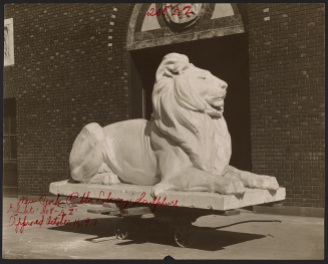 Design and locations of two lions at the Fifth Avenue entrance to the New York Public Library in Manhattan, sculptor E.C. Potter, photographer A.E. Sproul, series 208, exhibit AZ, approved October 11, 1910. Collection of the Public Design Commission of the City of New York. Photographic print, 9.5 x 7.5 in.