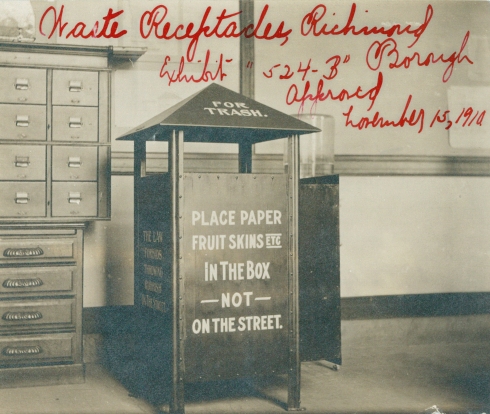 Waste receptacles in Richmond Borough, designed by the Superintendent of Street Cleaning, series 524, exhibit B, approved November 15, 1910. Collection of the Public Design Commission of the City of New York.