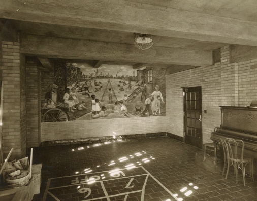 Mural in the recreation room of the House of Detention for Women at Greenwich Avenue and 10th Street in Manhattan, artist Lucienne Bloch, series 1498, exhibit AC, approved February 11, 1936. Collection of the Public Design Commission of the City of New York.