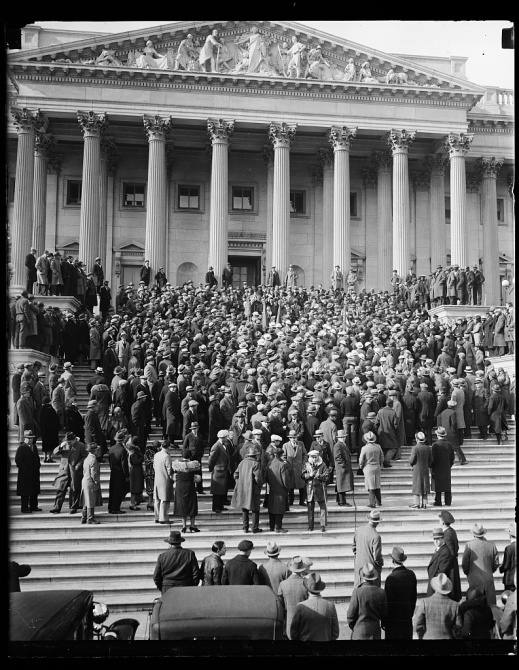 Vets protest bonus bill delay, January 1931, Washington D.C. Photo by Harris & Ewing, courtesy Library of Congress Prints and Photographs Division: http://www.loc.gov/pictures/item/hec2013006243/