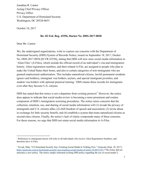 Center for Democracy & Technology letter to the Unites States Department of Homeland Security, regarding "A-Files." Photo courtesy the Society of American Archivists.