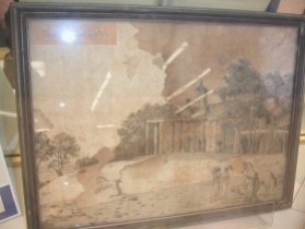 1815 embroidery of Mt. Vernon by Frances “Fanny” Macklin Ellis Wilkinson, using human hair, pre-conservation. Photo of Jenny Barker Devine, Associate Professor of History, Illinois College.