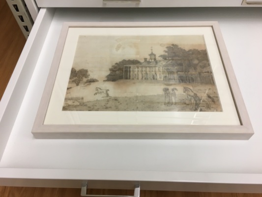 1815 embroidery of Mt. Vernon by Frances “Fanny” Macklin Ellis Wilkinson, using human hair, post-conservation. Photo courtesy of the Khalaf Al Habtoor Archives at Illinois College.