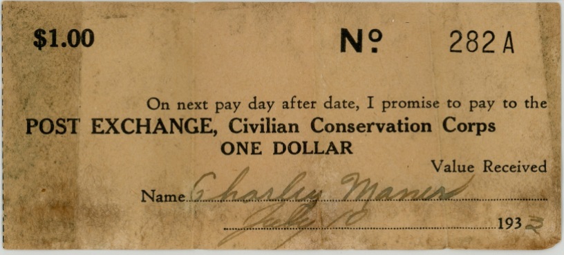 Civilian Conservation Corps scrip, from 1932. Photo courtesy National Park Service Collections Preservation Center, Great Smoky Mountains National Park.