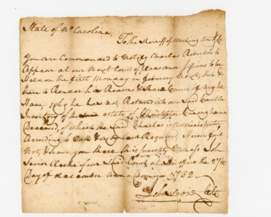 Summons to the Sheriff of Washington County, NC from Clerk of the Court John Sevier, from 1782. Photo courtesy National Park Service Collections Preservation Center, Great Smoky Mountains National Park.