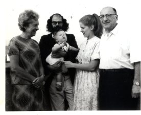 Edith Ginsberg, Allen Ginsberg (holding unknown child), unknown, Louis Ginsberg (L-R), ca. 1967. Photo courtesy of the Jewish Historical Society of New Jersey.