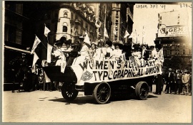 Woman on float of the Women's Auxilliary Typographical Union, Labor Day parade, New York, New York, September 6, 1909. Photo courtesy George Grantham Bain Collection, Library of Congress Prints and Photographs Division Washington, D.C. https://www.loc.gov/resource/ppmsc.00154/